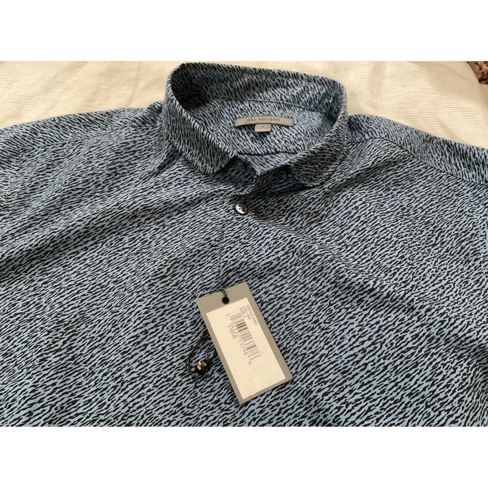 John Varvatos Mens Blue Black Abstract Print Button Front Shirt W332Z1B-BKC L